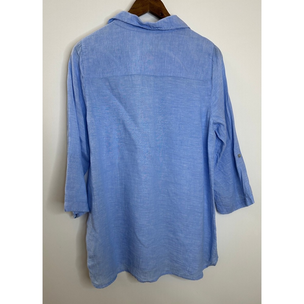 Jones & Co. 100% Linen Half Button Shirt Blue Top Large Resort Coastal *Flawed - Picture 11 of 12
